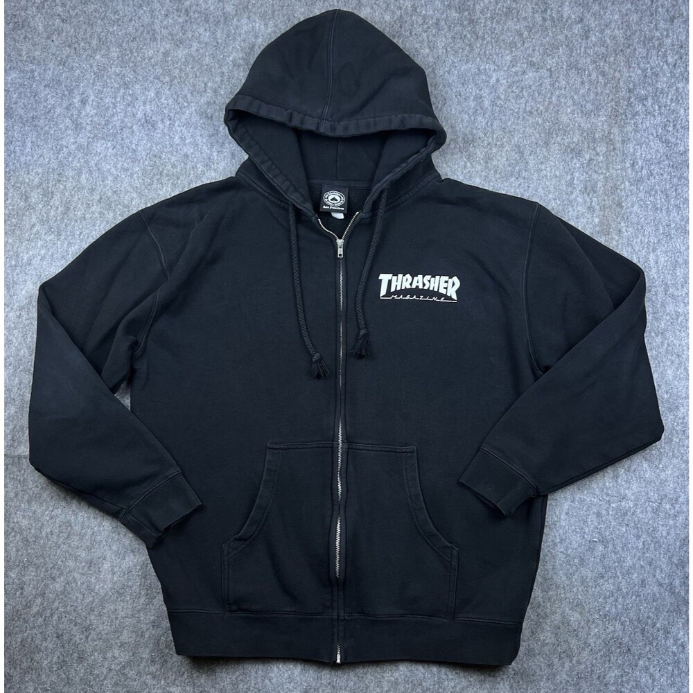 Thrasher Magazine Men's Zip Up Hoodie Sweatshirt Black Fleece Y2K Skate Size L